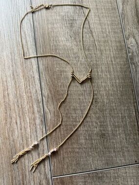 Gold Chevron Lariat Necklace with Pink Bead Tassels